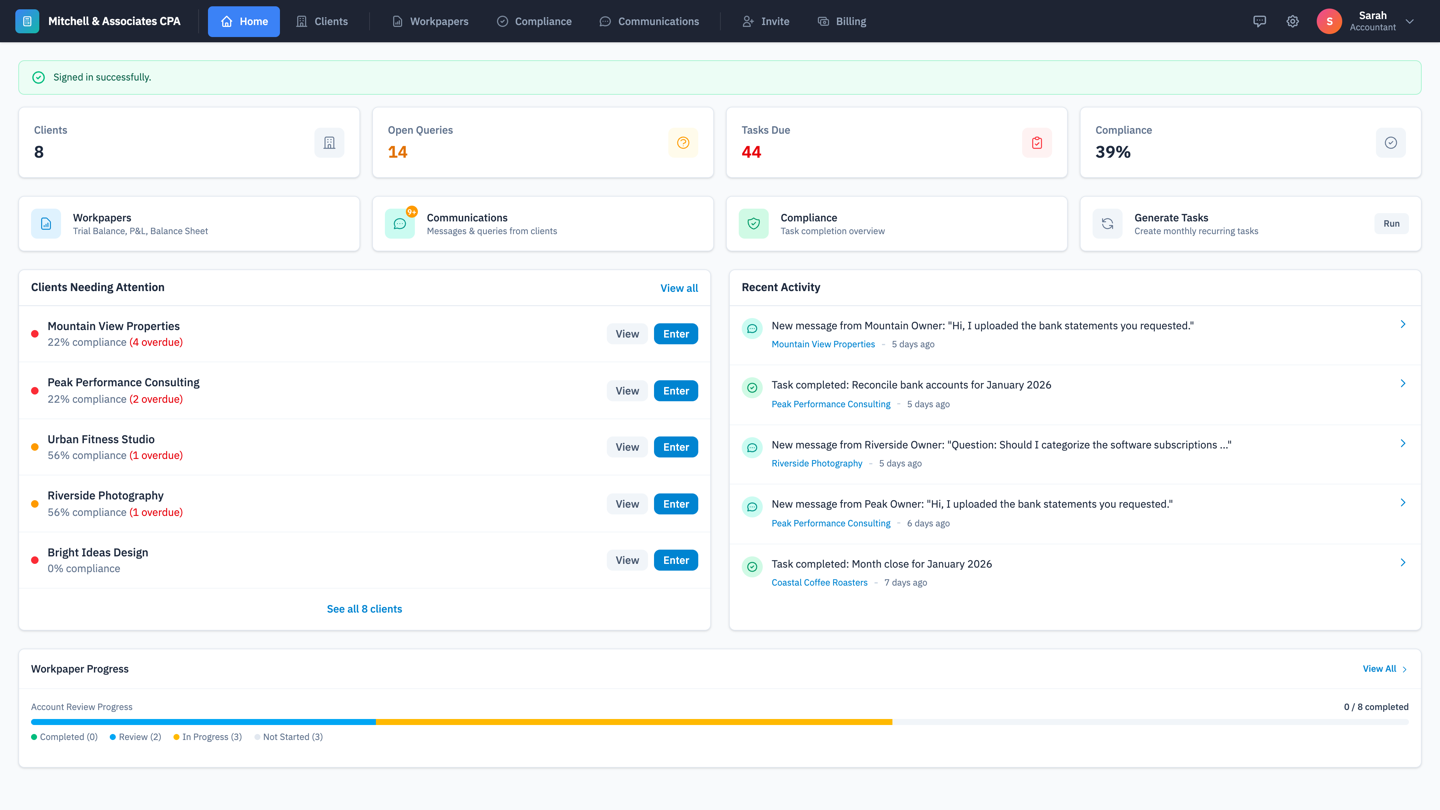 LunoFlow Accountant Portal Dashboard - manage all clients from one place