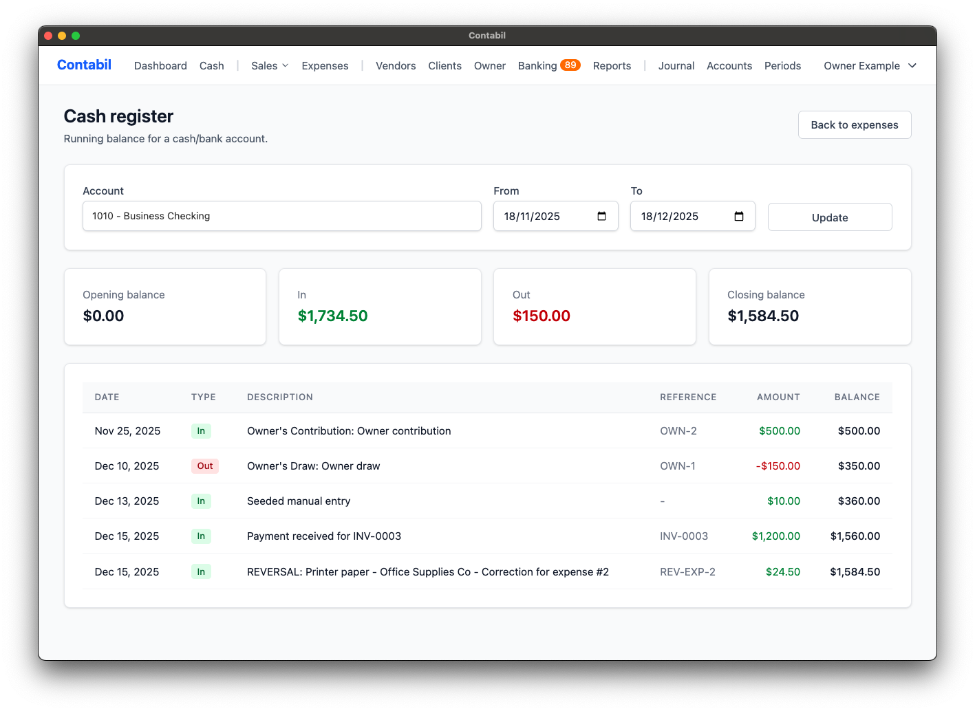 LunoFlow cash register showing running balance