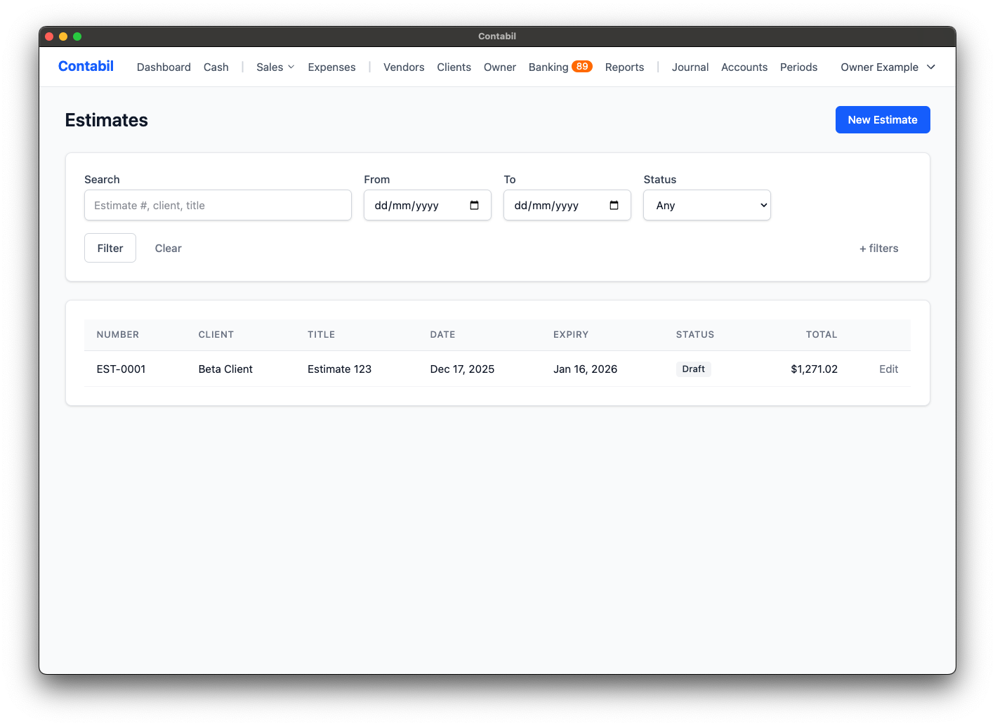 LunoFlow estimates list with status tracking