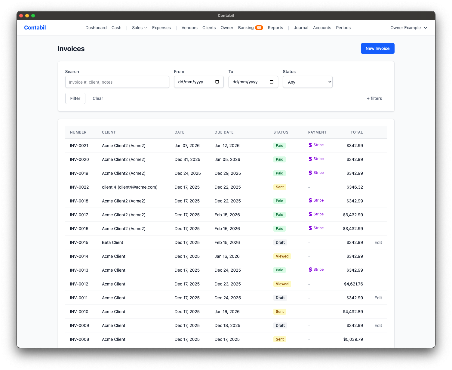 LunoFlow invoice list with status tracking